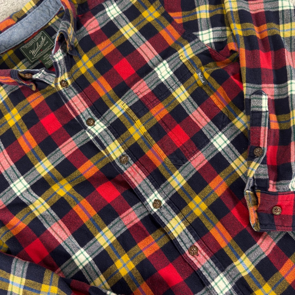 Woolrich Mens Plaid Flannel Shirt Medium Red Yellow Navy Cotton Button Down 6200